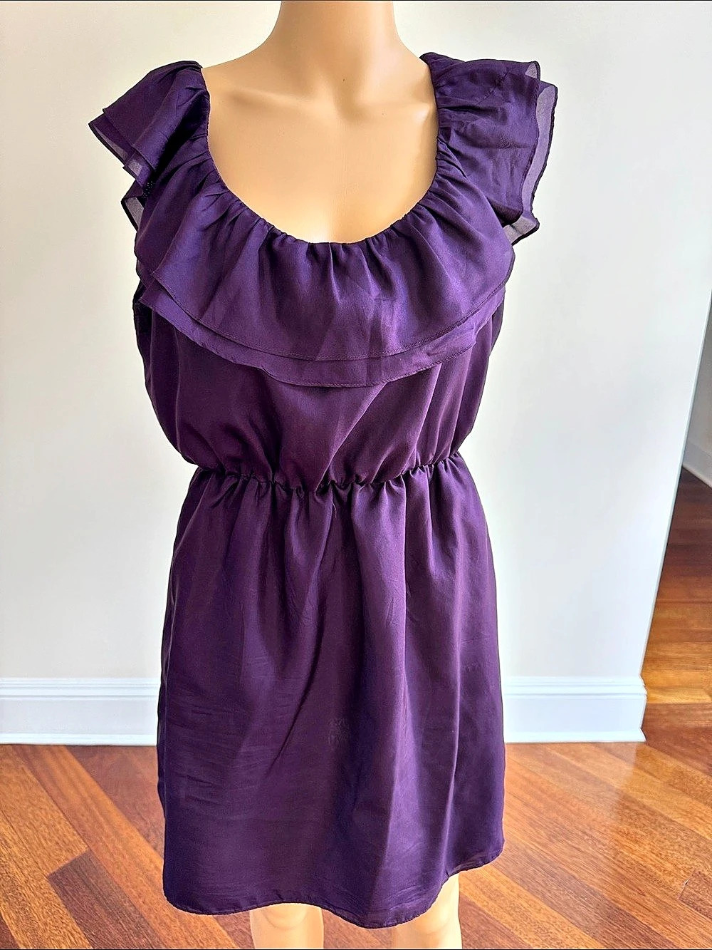 Saks Off 5th 4|48 Sleeveless Silk Ruffle Mini Dress in Purple Eggplant Medium